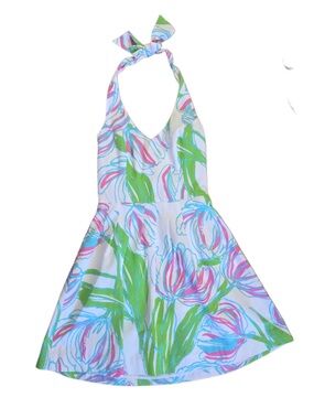 Lilly Pulitzer White Floral Halter knee length Sun Dress Pink Blue Green Print